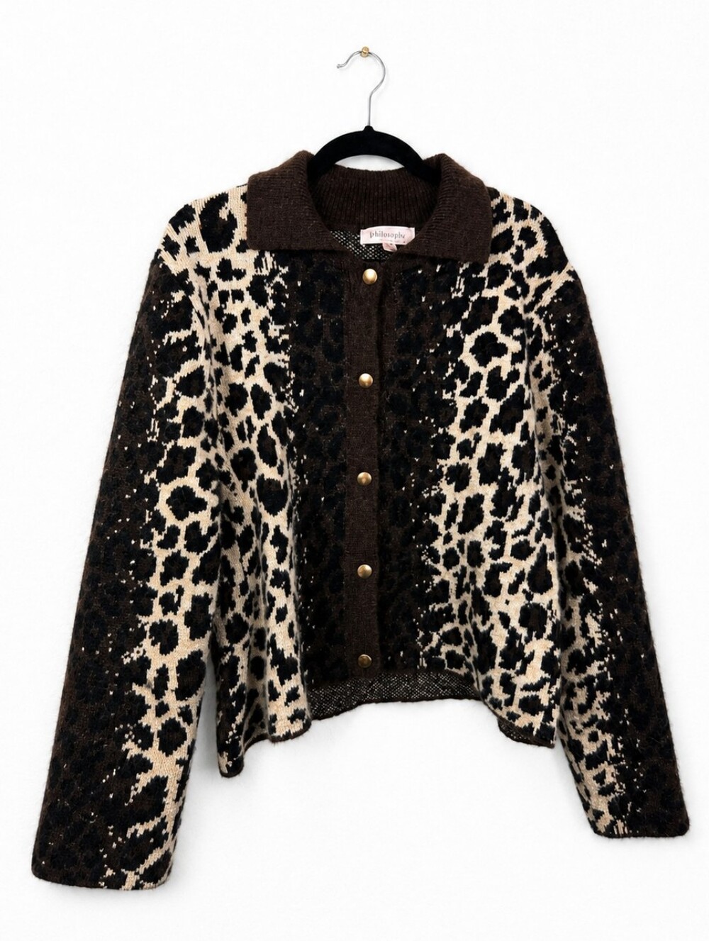 Philosophy Leopard Print Alpaca Blend Snap Cardigan Sweater XL Coquette